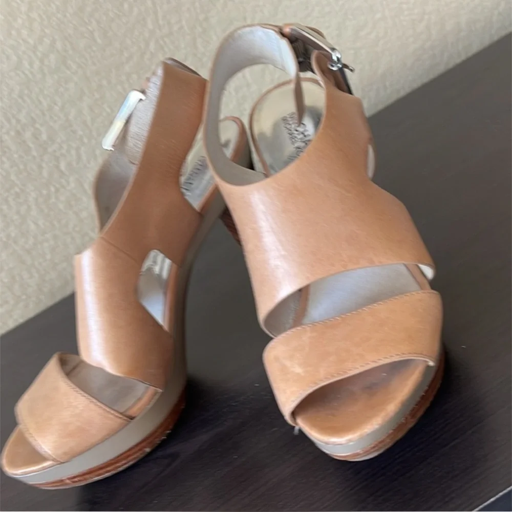 MICHAEL Michael Kors Carla Nude Leather Platform Wood stacked heel Sandals 7